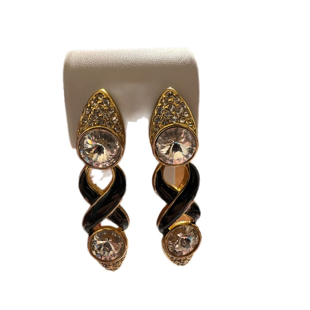Bijoux New York Designs Gold Black Crystal Clip On Dangle Earrings